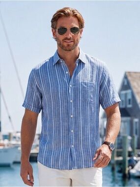 🌴 VTG Puro Lino Made in Italy 100% Linen Blue Striped Button-Up Shirt Men’s L